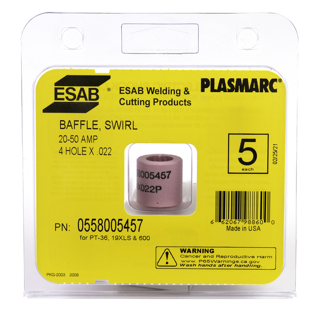 ESAB, 0558005457, Swirl Baffle, 4 in x 0.022 in, For PT-36 Torch, Pack of 5