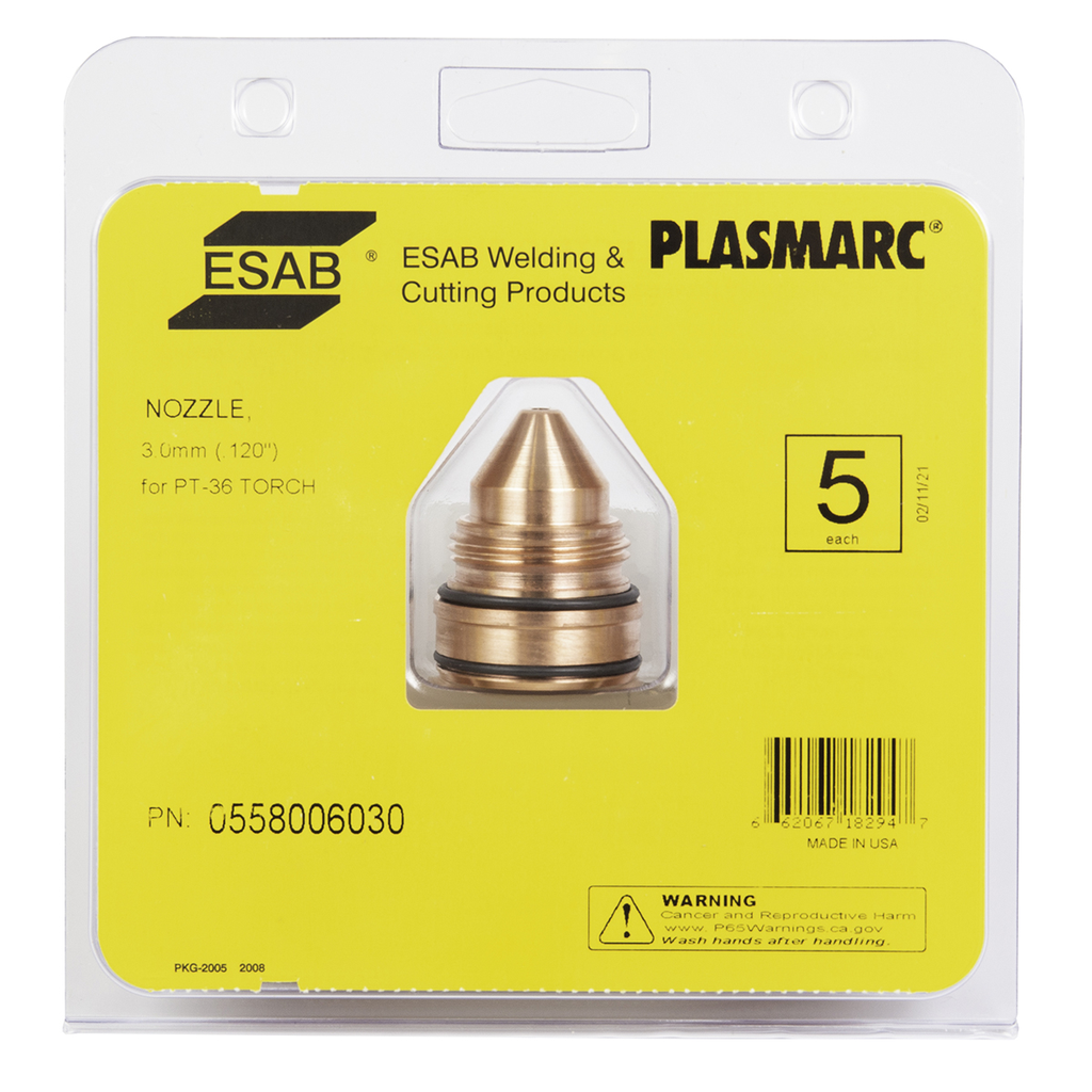 ESAB, 0558006030, Nozzle, 3 mm; Compatible with PT-36, Package of 5