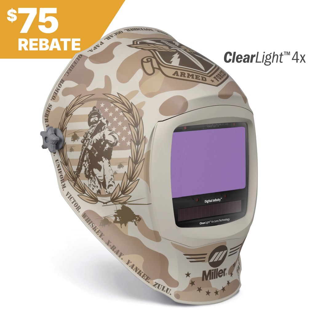 Miller Electric, 296785, Welding Helmet, Modes: Cut|Grind|Weld|X-Mode; Viewing Field: 13.4 in; Reaction Time: 1/25,000; Arc Sensors: 4