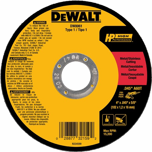 DEWALT, DW8062, Metal Cutting Wheel, 4-1/2 in; 7/8 in Arbor; 13300 max rpm; Aluminum Oxide