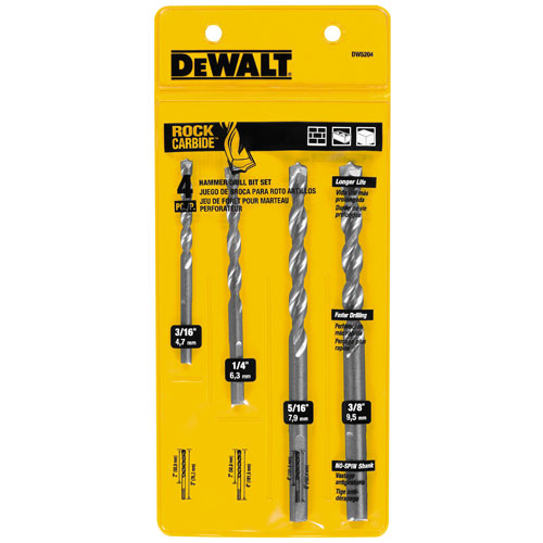 DEWALT, DW5204, Masonry Drill Bit Set, 4-Pc; Carbide Tip, 2 Cutter, 4 Flute Design