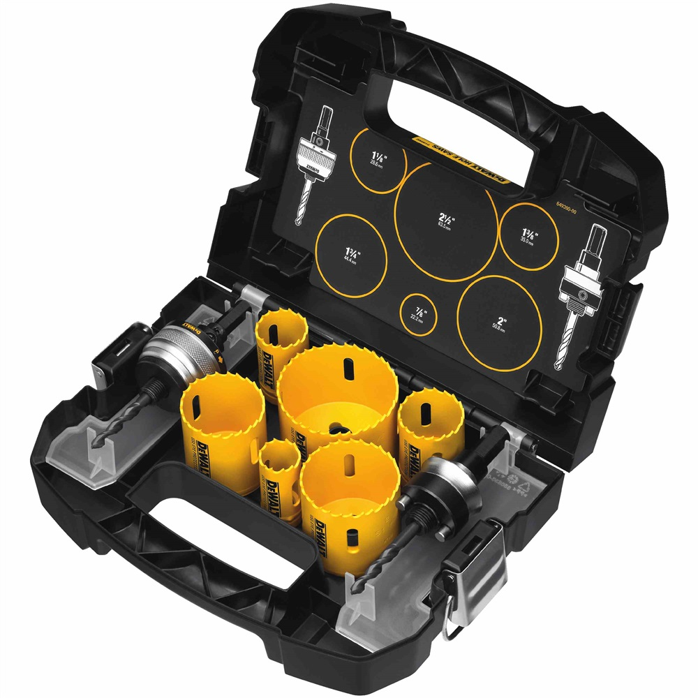 DEWALT, D180002, Hole Saw Kit, Electrician, 9 Piece, Tool-Free Clamping, Adjustable Bushings