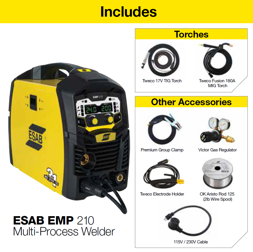 ESAB, 0700503200, Multi-Process Welder, 10-200 A, 115/230V, Includes Tweco 180A MIG Torch, Max Plate Thickness 3/8 in.