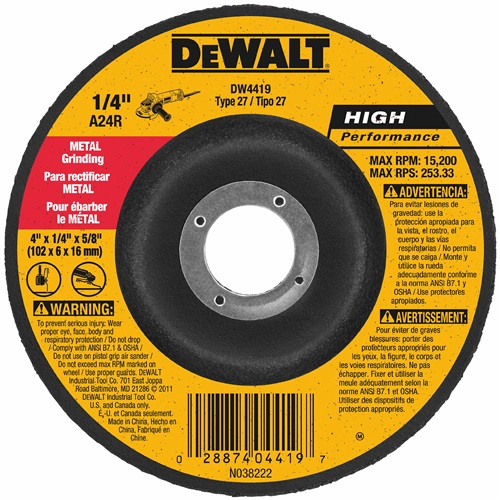 DEWALT, DW8434, Grinding Wheel, 4-1/2 in; 5/8 in Arbor, Aluminum Oxide, Max RPM 13300