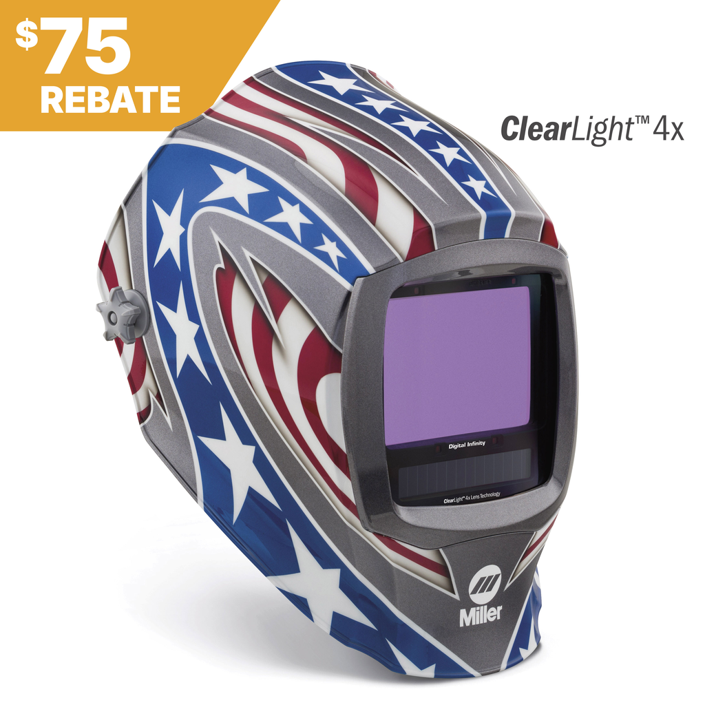 Miller Electric, 296780, Welding Helmet, Stars & Stripes, ClearLight 4x, 13.4 in Viewing Field, 4 Arc Sensors, Nylon Shell, Modes: Cut|Grind|Weld|X-Mode