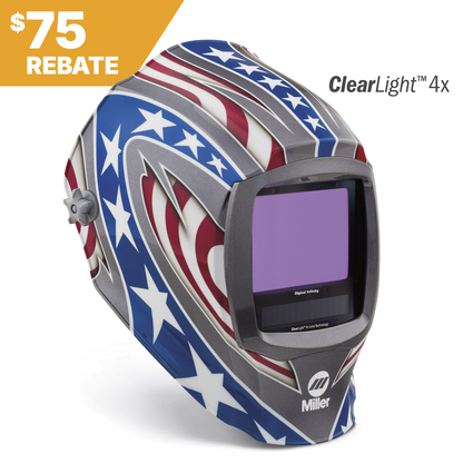 Miller Electric, 296780, Welding Helmet, Stars & Stripes, ClearLight 4x, 13.4 in Viewing Field, 4 Arc Sensors, Nylon Shell, Modes: Cut|Grind|Weld|X-Mode